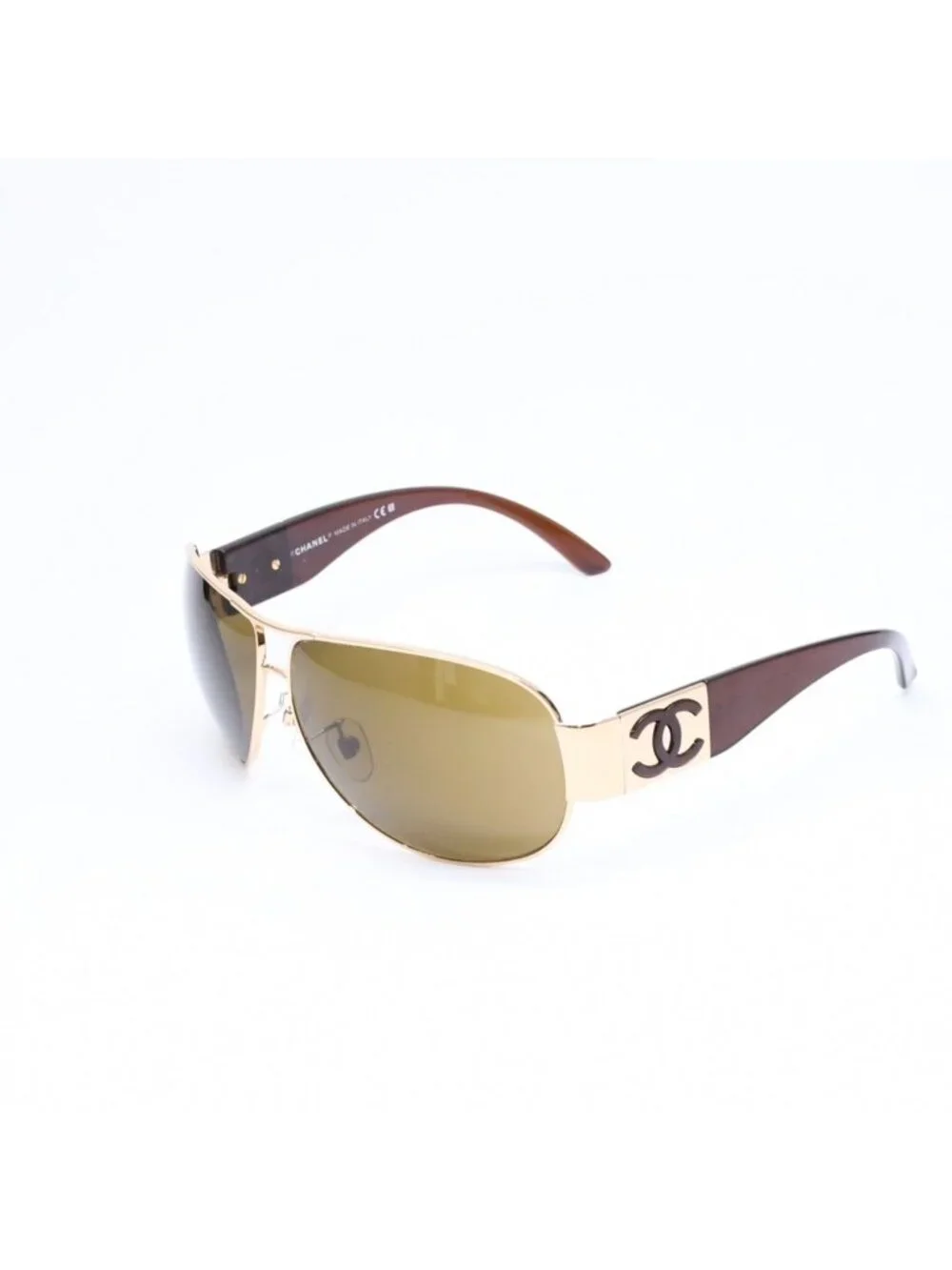 Chanel Side CC Logo Teardrop Sunglasses Metal Acetate Brown Gold Eyewear